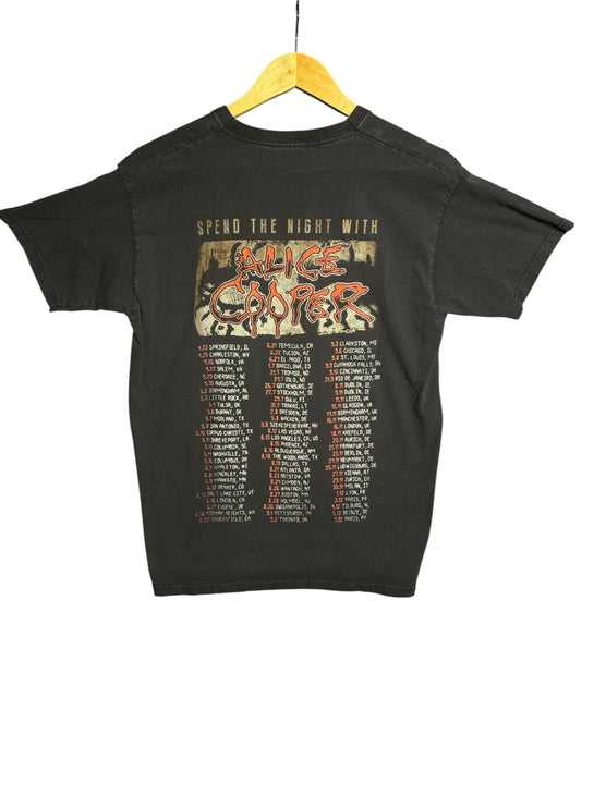 OutOf10 black cotton Alice Cooper concert tour t-shirt with red and gold tour dates printed on the back