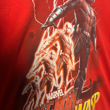 OutOf10 red cotton t-shirt featuring a dynamic Ant-Man and The Wasp graphic print with lightning effects