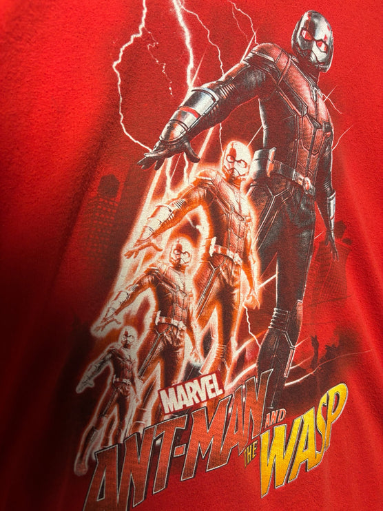 OutOf10 red cotton t-shirt featuring a dynamic Ant-Man and The Wasp graphic print with lightning effects