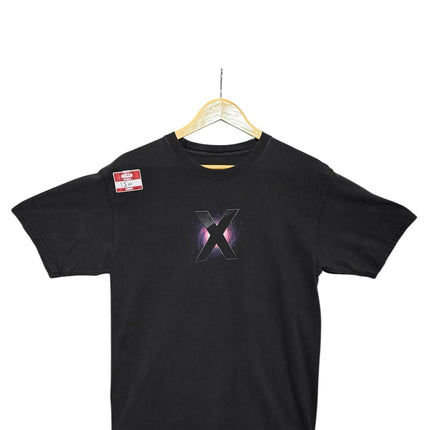OutOf10 black cotton t-shirt featuring a vintage Apple Mac OS X Leopard space-themed X graphic on the front