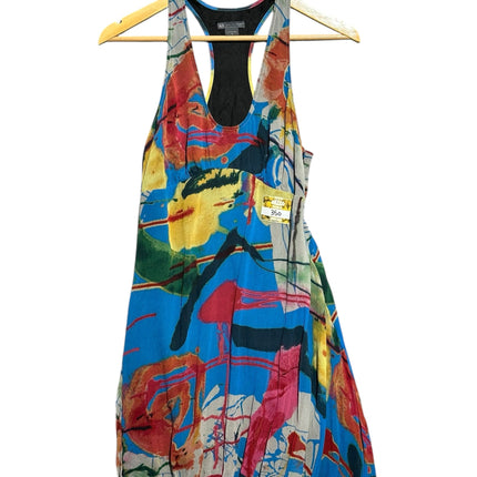 OutOf10 Armani Exchange sleeveless racerback dress featuring a vibrant multi-coloured abstract print and black lining.
