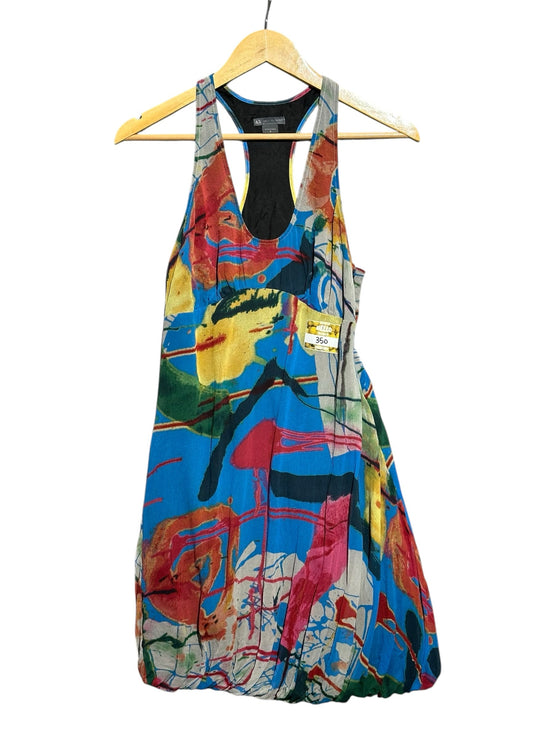 OutOf10 Armani Exchange sleeveless racerback dress featuring a vibrant multi-coloured abstract print and black lining.