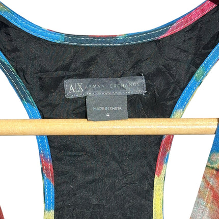 OutOf10 Armani Exchange racerback dress label detail showing black lining and multi-coloured abstract print