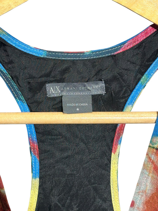 OutOf10 Armani Exchange racerback dress label detail showing black lining and multi-coloured abstract print