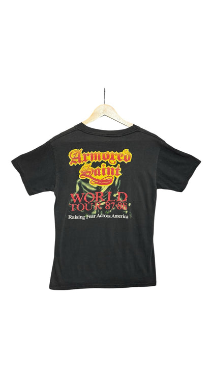 Back of OutOf10 vintage black Armored Saint 1987-1988 World Tour cotton t-shirt with Raising Fear Across America print