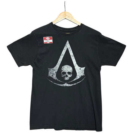 OutOf10 black cotton crew neck t-shirt featuring a distressed white Assassin's Creed skull insignia graphic print.