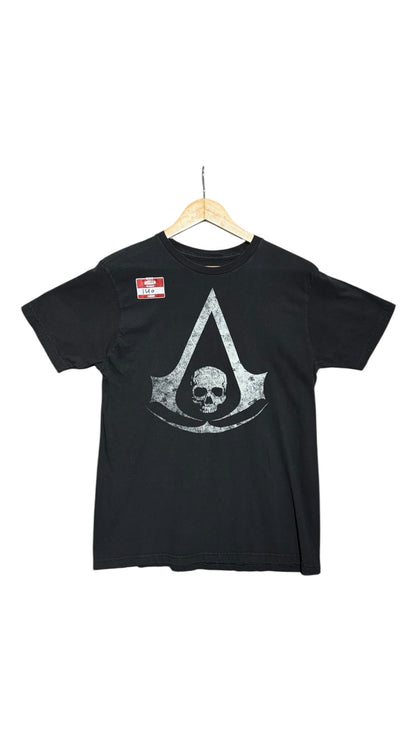 OutOf10 black cotton crew neck t-shirt featuring a distressed white Assassin's Creed skull insignia graphic print.