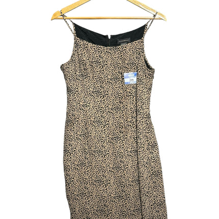 OutOf10 Banana Republic sleeveless sheath dress in black and beige floral silk with spaghetti straps on a hanger