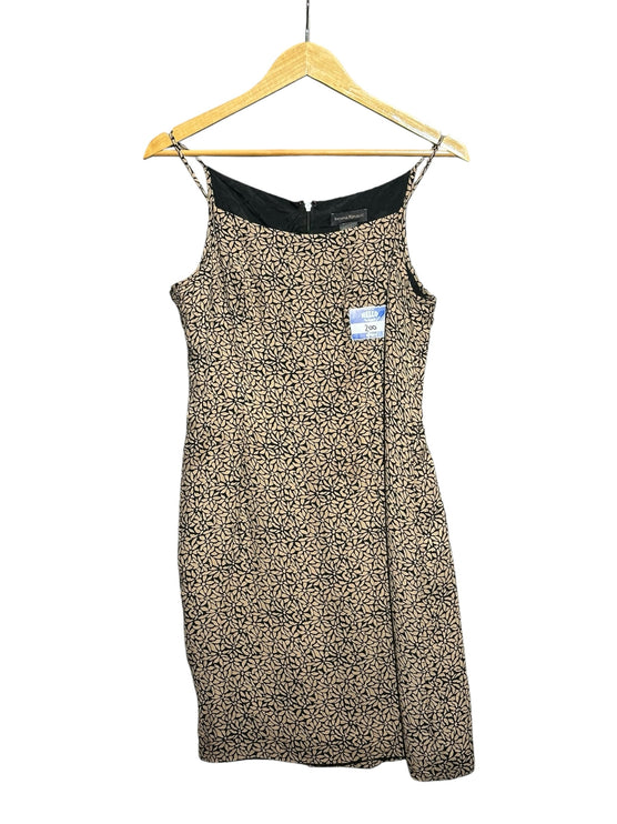 OutOf10 Banana Republic sleeveless sheath dress in black and beige floral silk with spaghetti straps on a hanger
