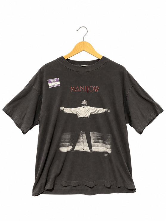 OutOf10 vintage washed-black cotton t-shirt featuring a Barry Manilow concert graphic and red text on the front.