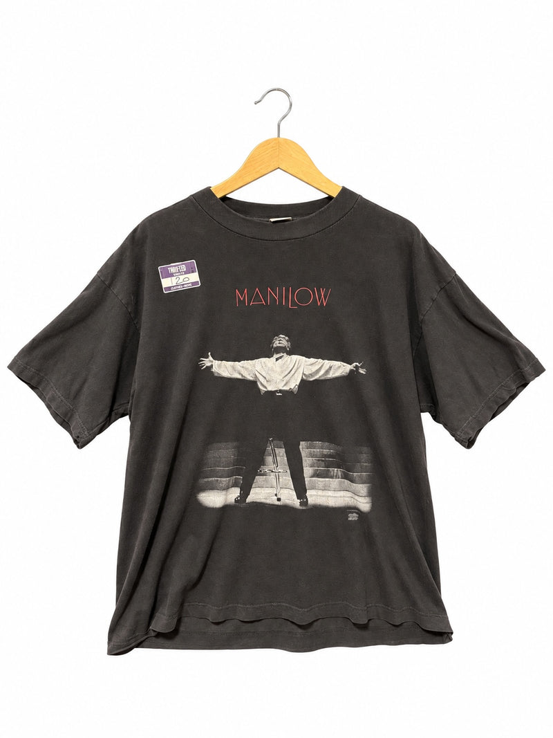OutOf10 vintage washed-black cotton t-shirt featuring a Barry Manilow concert graphic and red text on the front.