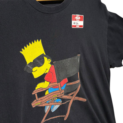 OutOf10 black cotton crew-neck t-shirt featuring a graphic print of Bart Simpson wearing sunglasses in a chair.