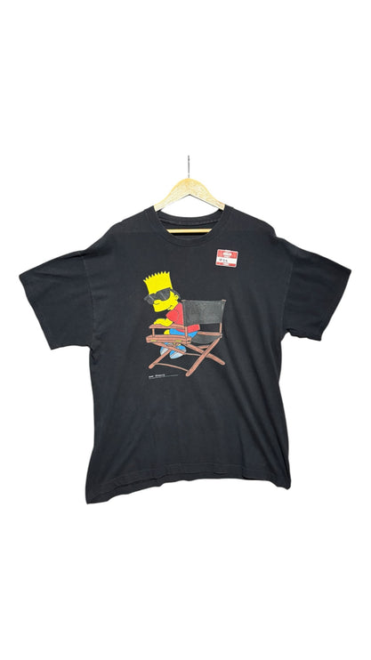 OutOf10 black cotton crew-neck t-shirt featuring a graphic print of Bart Simpson in a director's chair.