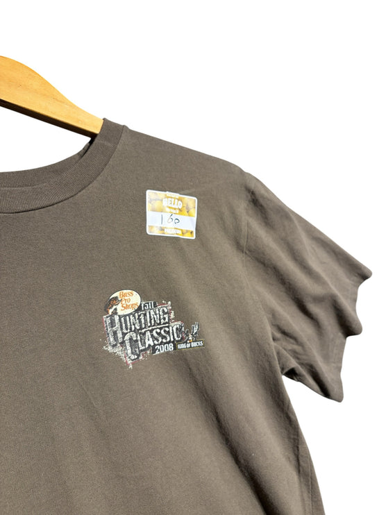 OutOf10 olive-brown Bass Pro Shops Hunting Classic 2008 graphic t-shirt with crew neck on a wooden hanger