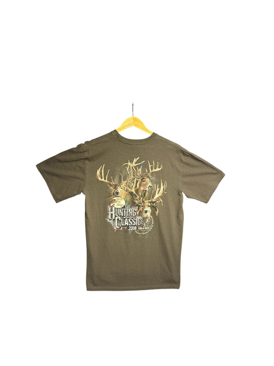 OutOf10 olive brown Bass Pro Shops 2008 Hunting Classic graphic t-shirt with a large deer wildlife print on the back.