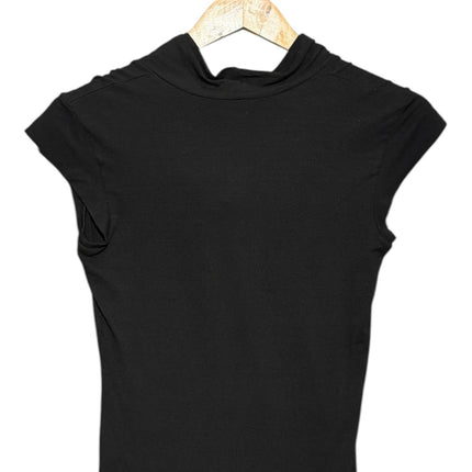 OutOf10 BCBGMAXAZRIA black sleeveless cowl neck top with cap sleeves hanging on a wooden hanger