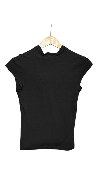 OutOf10 BCBGMAXAZRIA black sleeveless cowl neck top with cap sleeves hanging on a wooden hanger
