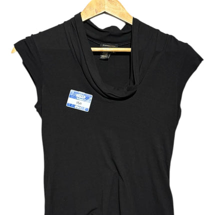 OutOf10 BCBGMAXAZRIA black sleeveless top featuring a draped cowl neckline and soft fabric on a wooden hanger.