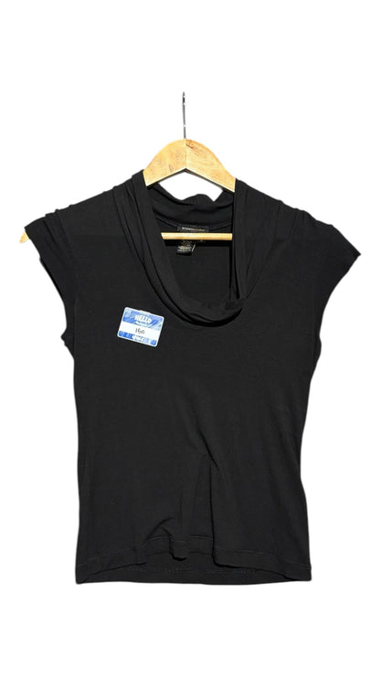 OutOf10 BCBGMAXAZRIA black sleeveless top featuring a draped cowl neckline and soft fabric on a wooden hanger.