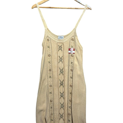 OutOf10 beige sleeveless viscose slip dress with bohemian floral embroidery and spaghetti straps on a wooden hanger
