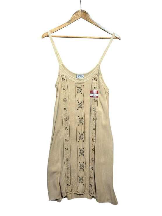OutOf10 beige sleeveless viscose slip dress with bohemian floral embroidery and spaghetti straps on a wooden hanger