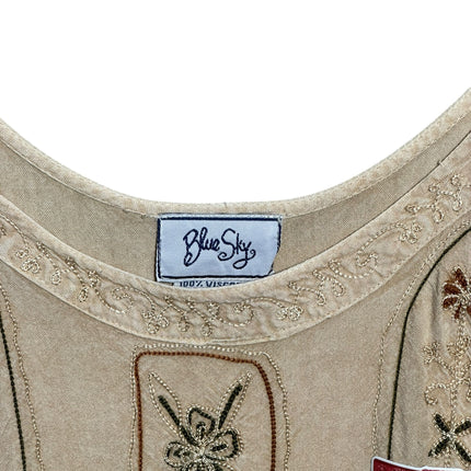OutOf10 beige viscose sleeveless summer dress with intricate bohemian embroidery and scoop neckline detail