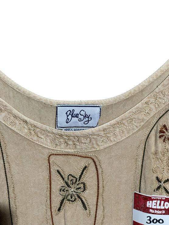 OutOf10 beige viscose sleeveless summer dress with intricate bohemian embroidery and scoop neckline detail