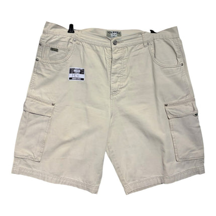 OutOf10 men's beige cotton blend cargo shorts with side utility pockets and button fly closure.