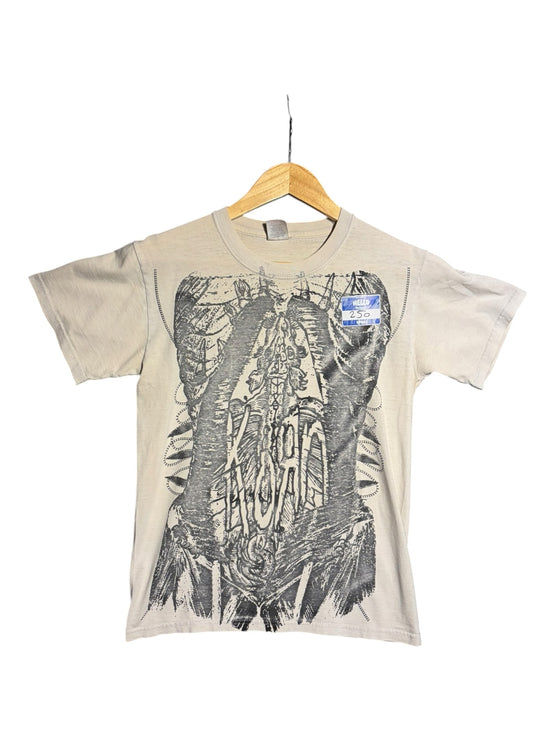 OutOf10 beige short sleeve crew neck t-shirt featuring a detailed black anatomical skeleton graphic print.