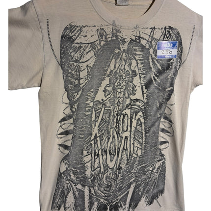 OutOf10 beige short sleeve crew neck t-shirt featuring a detailed black anatomical skeleton graphic print on the front