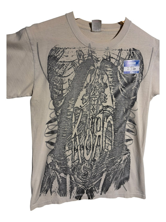 OutOf10 beige short sleeve crew neck t-shirt featuring a detailed black anatomical skeleton graphic print on the front
