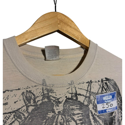 OutOf10 beige cotton crew neck t-shirt featuring a detailed black anatomical skeleton graphic print on the front.