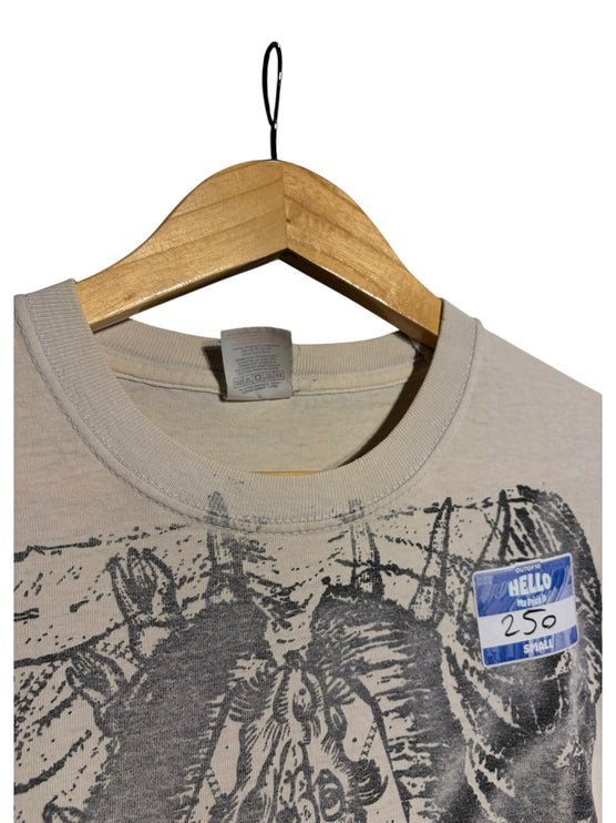 OutOf10 beige cotton crew neck t-shirt featuring a detailed black anatomical skeleton graphic print on the front.