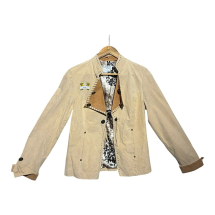 OutOf10 beige suede jacket with whipstitch collar detail and animal print lining on a wooden hanger