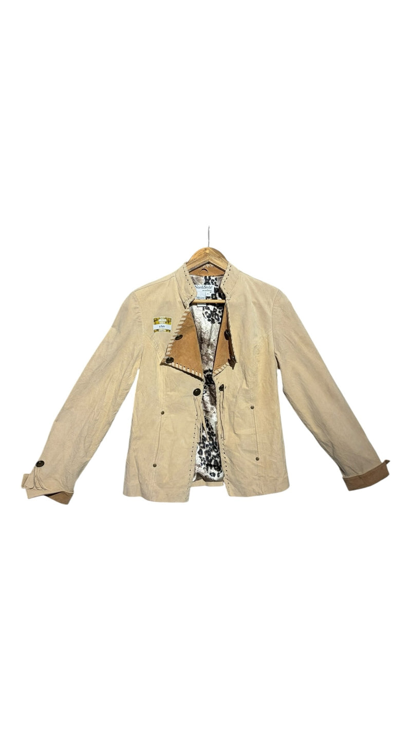 OutOf10 beige suede jacket with whipstitch collar detail and animal print lining on a wooden hanger
