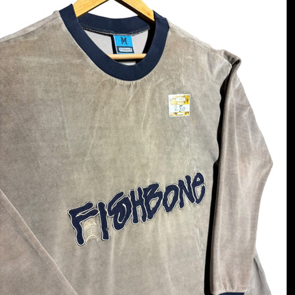 OutOf10 beige velour long sleeve sweatshirt with navy blue ribbed crew neck and embroidered Fishbone logo on chest