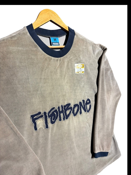 OutOf10 beige velour long sleeve sweatshirt with navy blue ribbed crew neck and embroidered Fishbone logo on chest