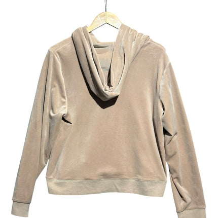 OutOf10 beige velour zip-up hoodie with a drawstring hood and ribbed hem, shown from the back on a hanger.