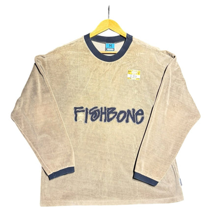OutOf10 beige velour long sleeve crewneck sweatshirt with dark navy trim and Fishbone logo embroidery on the chest.