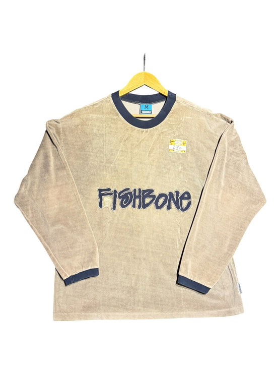 OutOf10 beige velour long sleeve crewneck sweatshirt with dark navy trim and Fishbone logo embroidery on the chest.