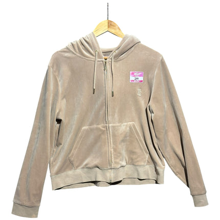 OutOf10 beige velour zip-up hoodie with drawstring hood, front pockets, and embroidered logo on a wooden hanger.