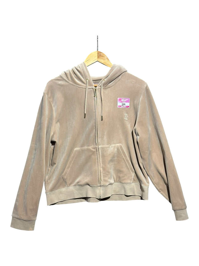 OutOf10 beige velour zip-up hoodie with drawstring hood, front pockets, and embroidered logo on a wooden hanger.