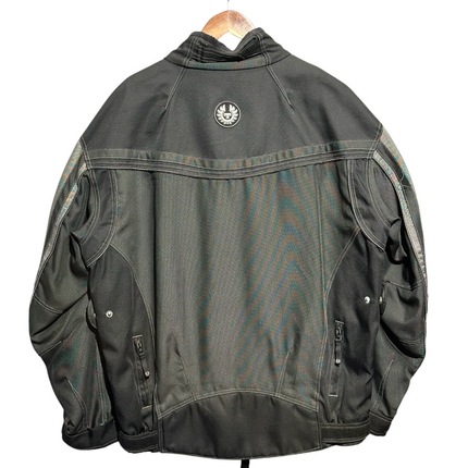 OutOf10 Belstaff black and grey textile motorcycle riding jacket with phoenix logo on back, hanging on a hanger.