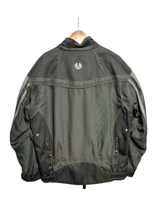 OutOf10 Belstaff black and grey textile motorcycle riding jacket with phoenix logo on back, hanging on a hanger.