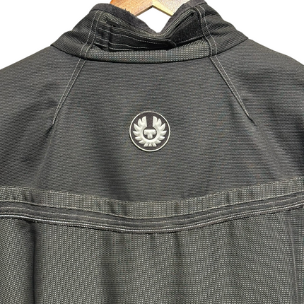 OutOf10 Belstaff professional black textile motorcycle jacket with phoenix logo patch on the back collar