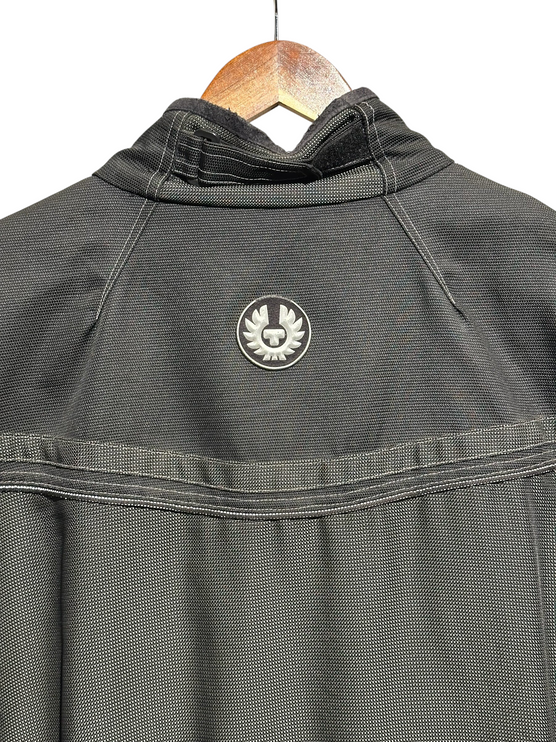 OutOf10 Belstaff professional black textile motorcycle jacket with phoenix logo patch on the back collar