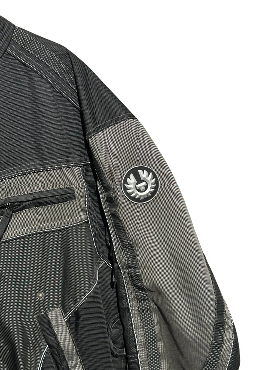 OutOf10 Belstaff motorcycle jacket in black and grey textile with iconic phoenix logo patch on the sleeve