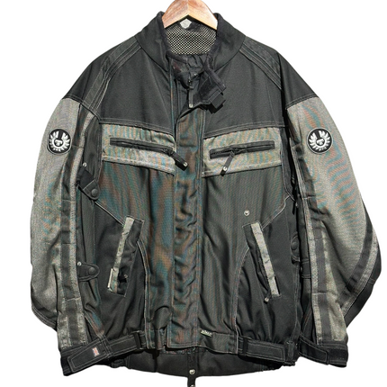 OutOf10 Belstaff black and grey textile motorcycle riding jacket with phoenix logo patches and zip pockets