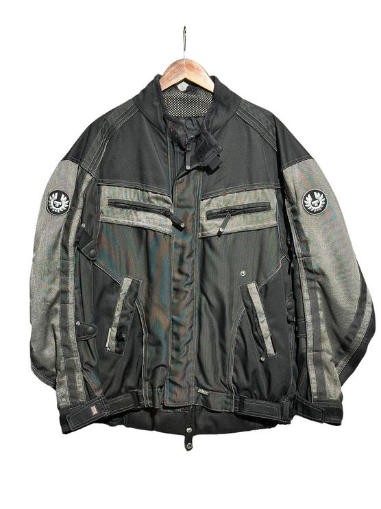 OutOf10 Belstaff black and grey textile motorcycle riding jacket with phoenix logo patches and zip pockets