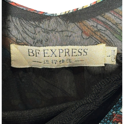 OutOf10 BF EXPRESS sleeveless floral dress label showing brand name and size L on multi-coloured botanical fabric